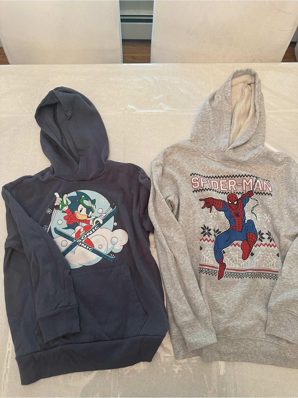 2 boys sonic & spider man character hoodies - winter themed (size L 10/12)